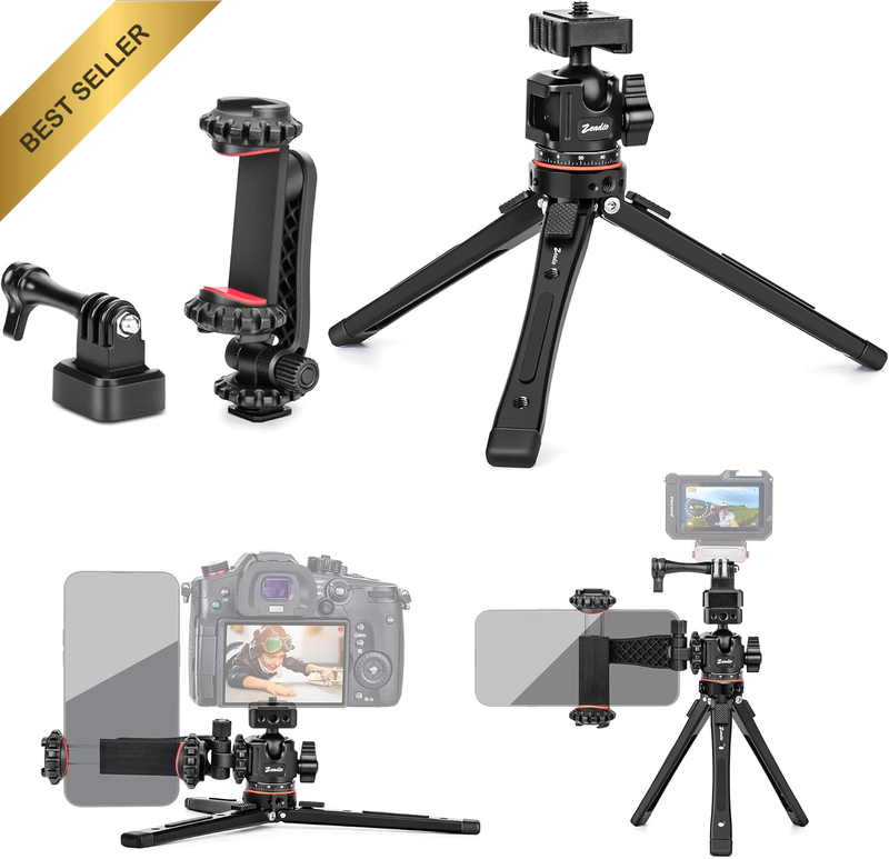 Heavy Duty Metal Tripod Kit: with 360° Ball Head Mount, Phone Clip & Action Came