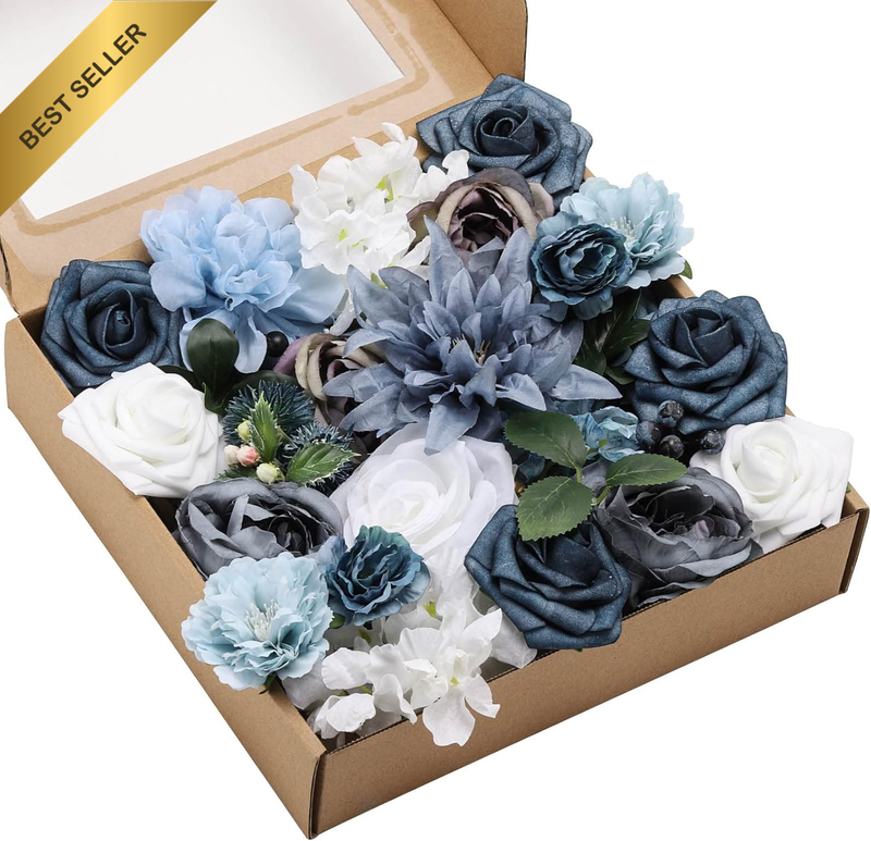 Artificial Flowers Dusty Blue Fake Flowers Faux Roses Combo Box Set for Wedding