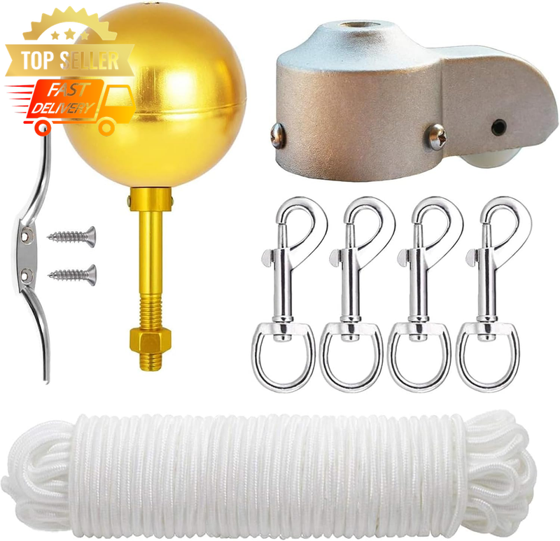 Flag Pole Repair Kit - 3" Gold Ball, 50ft Halyard, Cleat Hook, Snap Hooks