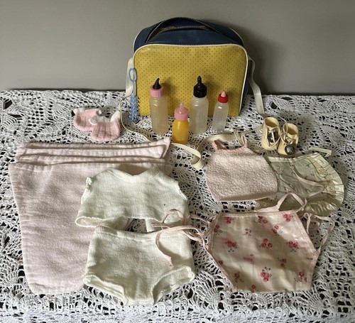 Vintage 1950s Baby Doll Diaper Bag Set Bottles Bibs Top Shoes Booties Lot