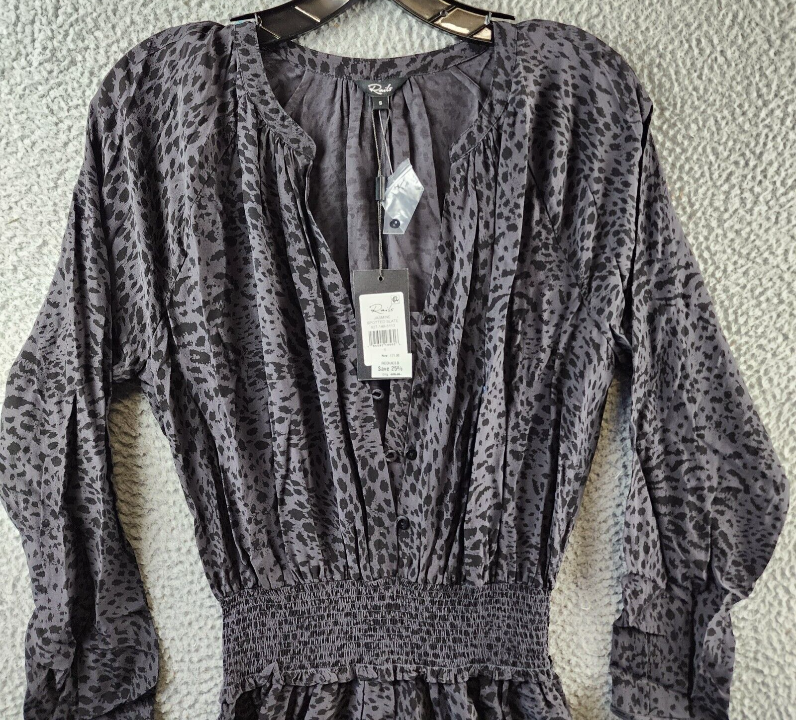 Rails Jasmine Animal Print Mini Dress Women's S Grey V-neck Button Closure L/S~ - Picture 3 of 15