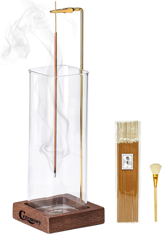Incense Holder, Wooden Incense Holder for Sticks with Glass Ash Catcher, Anti-As