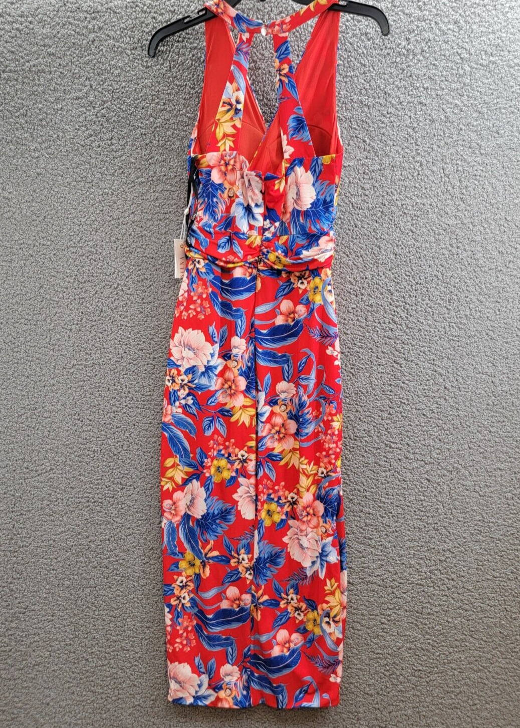 Siena Floral Side-Ruched Sleeveless Midi Dress Women's 2 Red Multi Back Zipped - Picture 9 of 15
