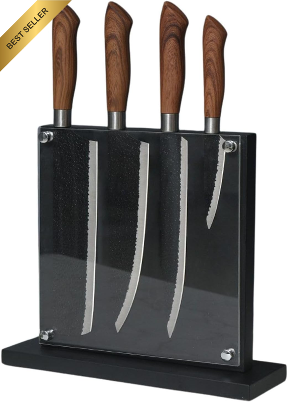 Magnetic Knife Block Black w/ Acrylic Shield 26x24Cm Double Side Acacia Wood