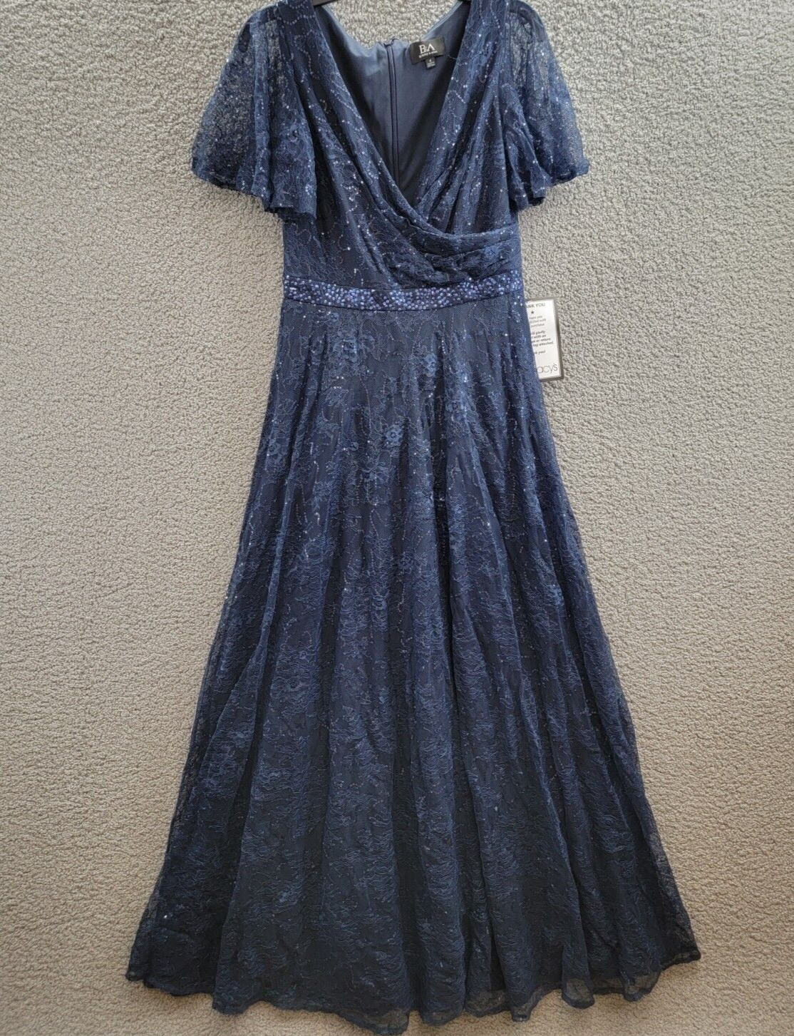 Betsy & Adam V-Neck Short-Sleeve Sequined Lace Dress Women's 8 Navy Back Zip - Picture 2 of 17