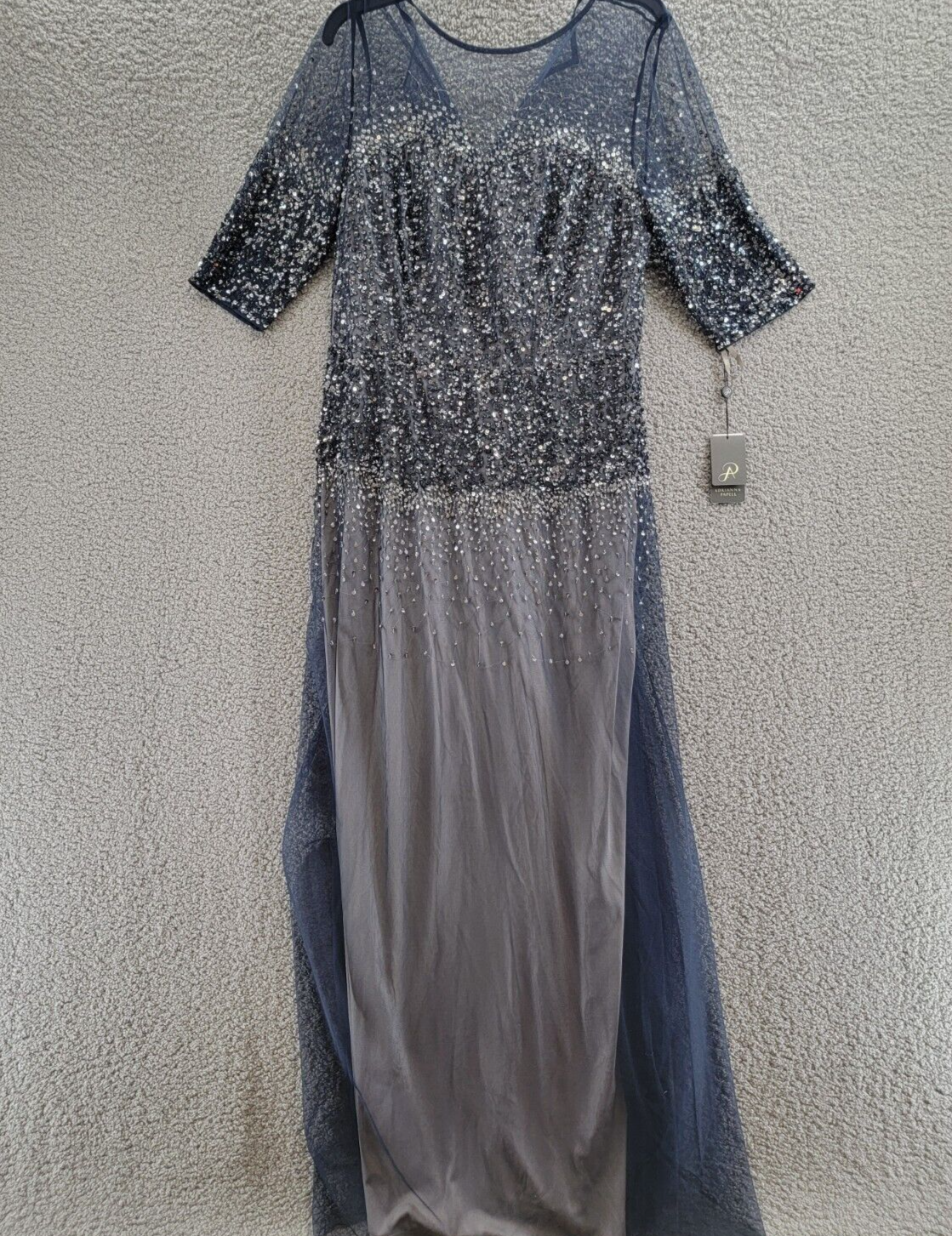 Adrianna Papell Plus Size Sequined Gown Women's 16W Navy Elbow Sleeve Back Zip - Picture 2 of 17