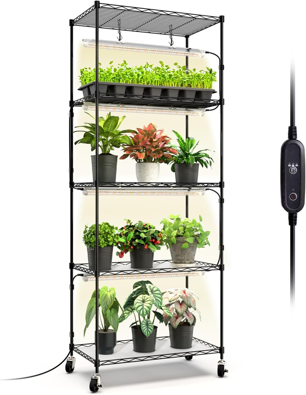 Plant Shelf with Grow Light, 5-Tier, Metal Plant Stand with Timer, Adjustable Rack & Wheels, 4 Pack T8 Full Spectrum Grow Light for Indoor Plant, Seed Starting, Seed Tray, 23.5