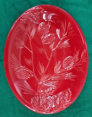 Lenox RUSTIC BERRY Red Large Oval Serving Platter 16'' Raised Pinecones Holly EUC