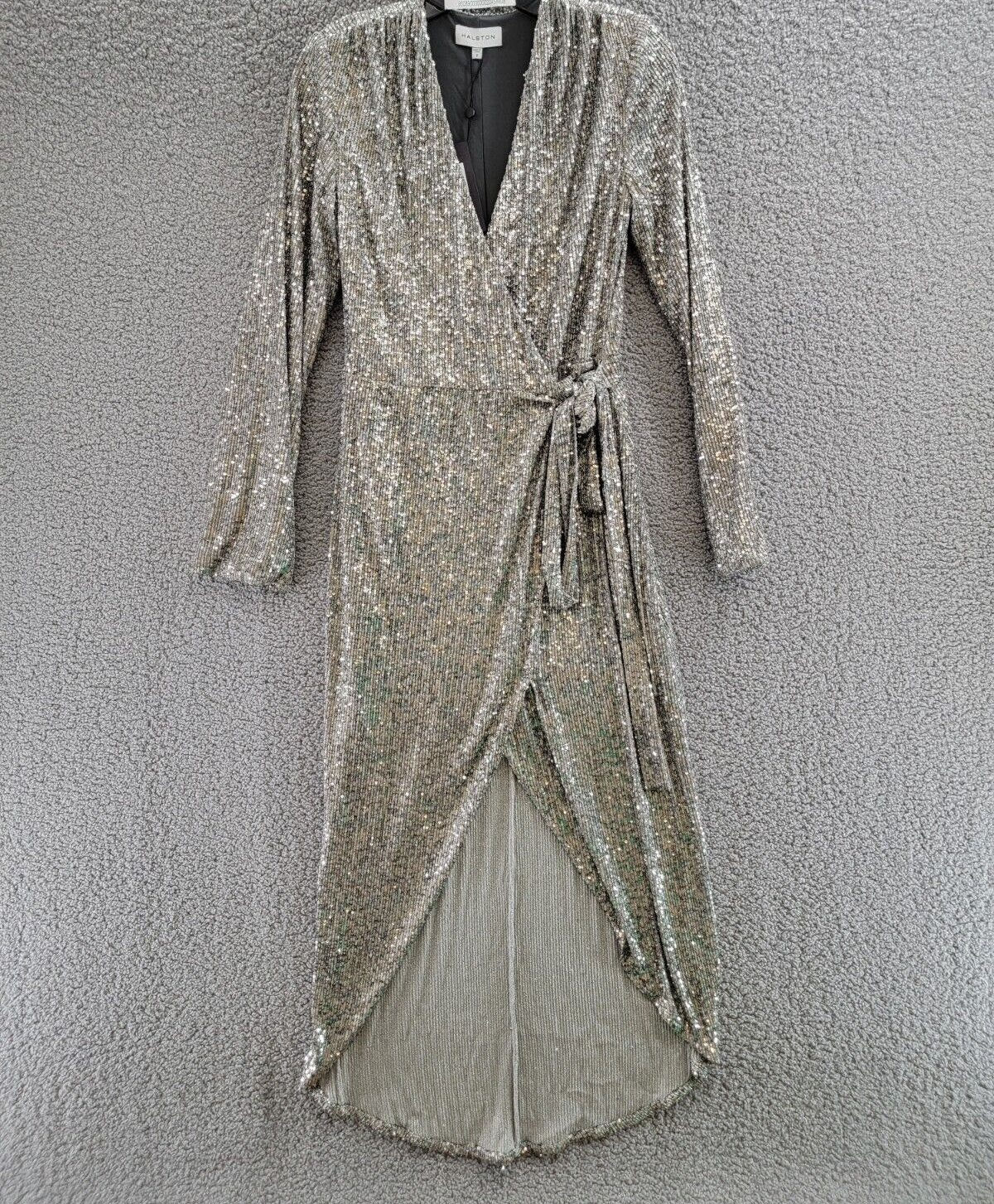 Pre-owned Halston Heritage Halston Falan Sequined Wrap Dress Women's 2 Dark Silver Crossover Neck Tie Waist