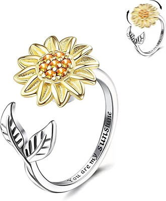 Spinner Fidget Toys anxiety Ring for Adults Women Adjustable CZ Flower Open Ring