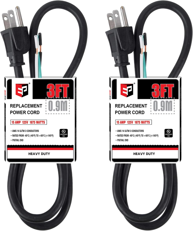 Appliance Power Tool Cord 2 Pack 3Ft 14/3 SJTW Heavy Duty 15A 1875W 110V 120V