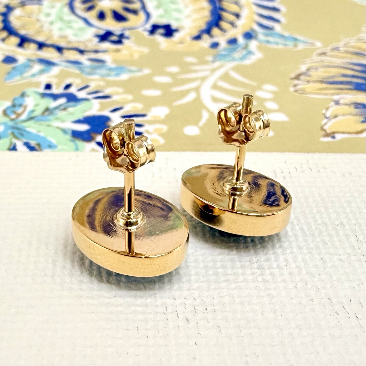 14k Yellow Gold Egyptian Turquoise Custom Made Stud Earrings, New Pair #3 - Picture 9 of 9