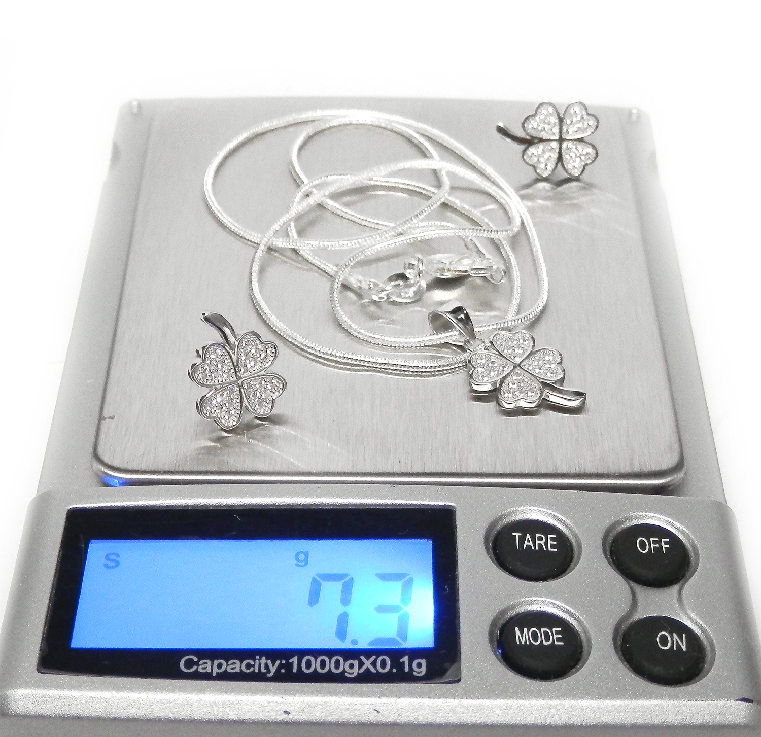 Sterling Silver Shamrock Necklace & Earrings Crystal Rhinestones 16