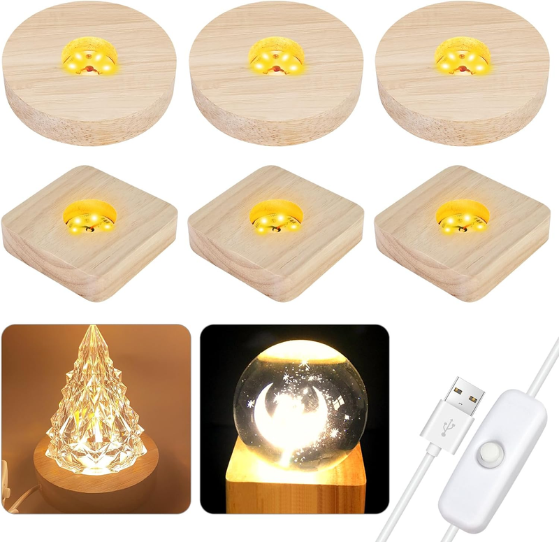 4 stuks led-sokkel houten sokkel: led-lichtsokkel, rechthoekige led-houten standaard, warme kleur, USB-led-display, basis voor doe-het-zelf acrylplaat, decoratief ornament, hars kunst