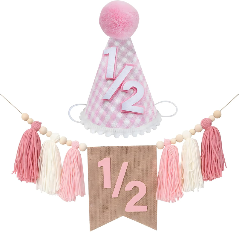 2Pcs Pink Plaid Half Birthday Party Hat Set with Adjustable Elastic Rope, Premiu