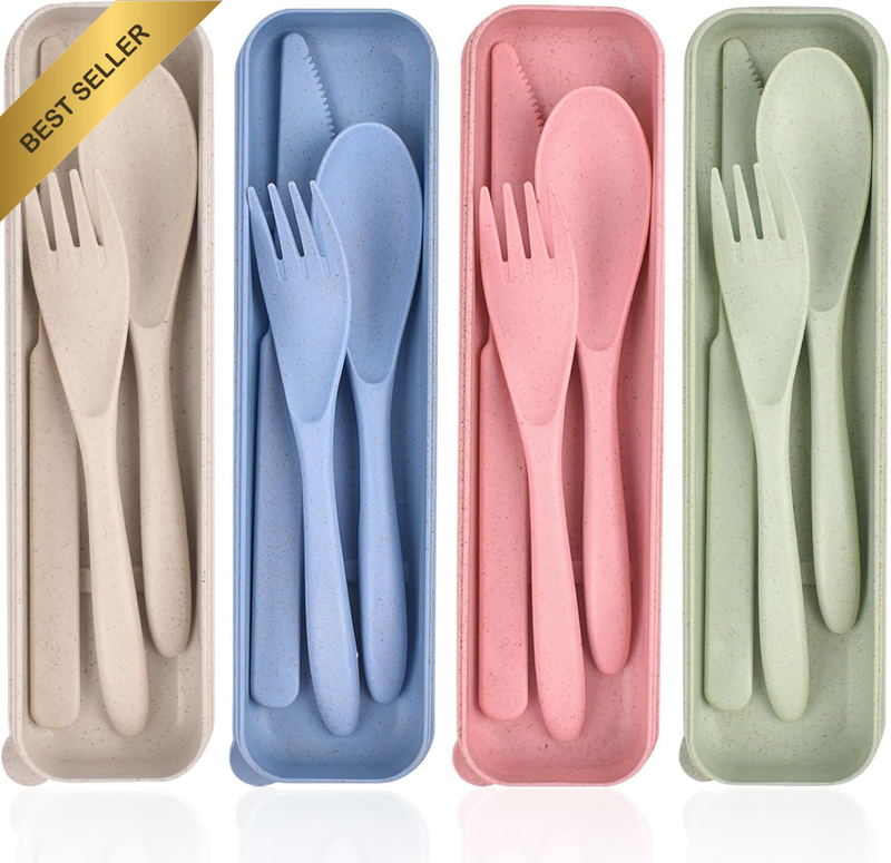 4 Pack Travel Cutlery Set with Case, Reusable Spoon Knife Forks Utensil Set, Por
