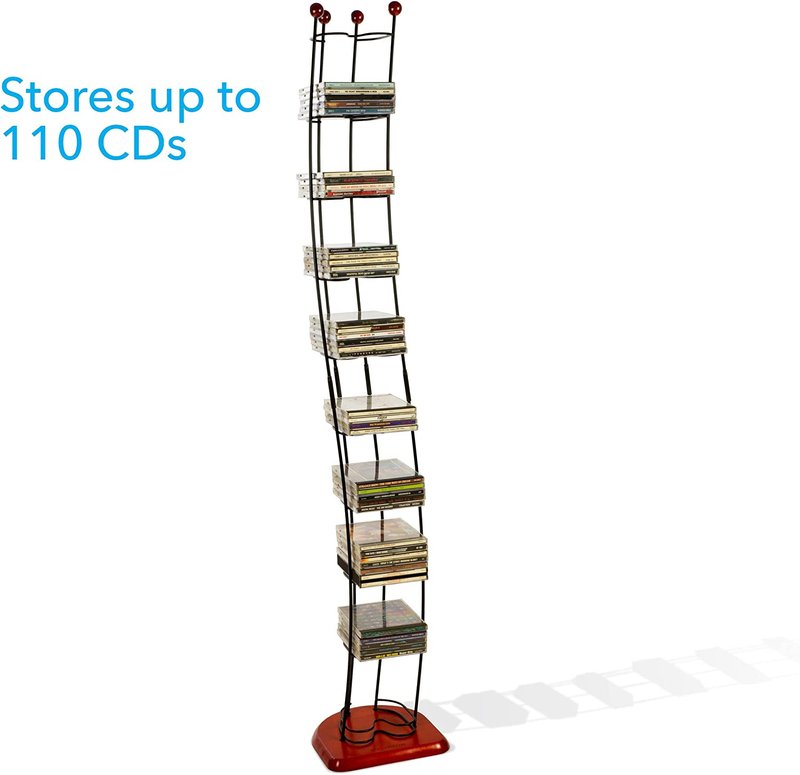 Wire CD-DVD Tower Storage Rack Hold 110 CDs Steel & Black Cherry Wood CD Holder