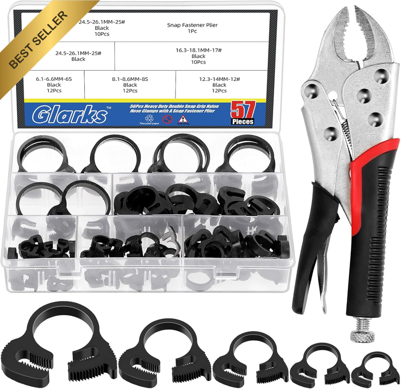57Pcs 6.1-26.1Mm Heavy Duty Black Double Gripping Nylon Hose Clamp Set, 5 Sizes
