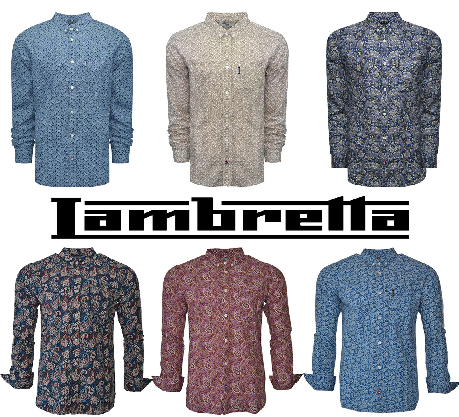 Herrenmode Lambretta Paisley Shirts Mens Mod Retro Long Sleeve Cotton Button Down Uk S 3xl Dev Egc Fi