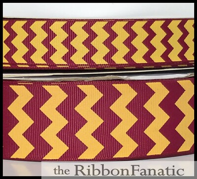 3 yds 3/8'' or 7/8'' or 1.5'' Maroon and Yellow Gold Chevron Grosgrain Ribbon