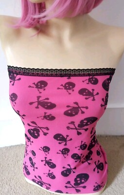 Pink *Skulls and Lace* glam rock punk stretchy boobtube top Size 10-12 available