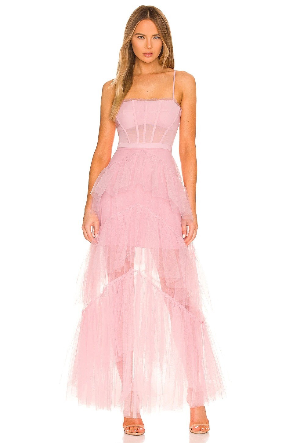 Pre-owned Bcbgmaxazria Oly Tiered Ruffled Tulle Evening Gown Pink Rose Size 10 $498