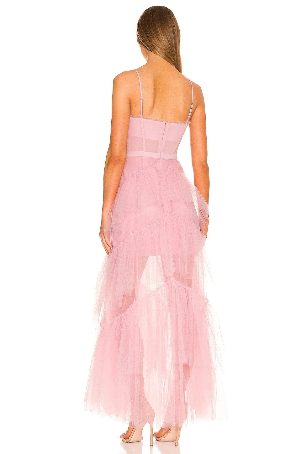 Pre-owned Bcbgmaxazria Oly Tiered Ruffled Tulle Evening Gown Pink Rose Size 10 $498