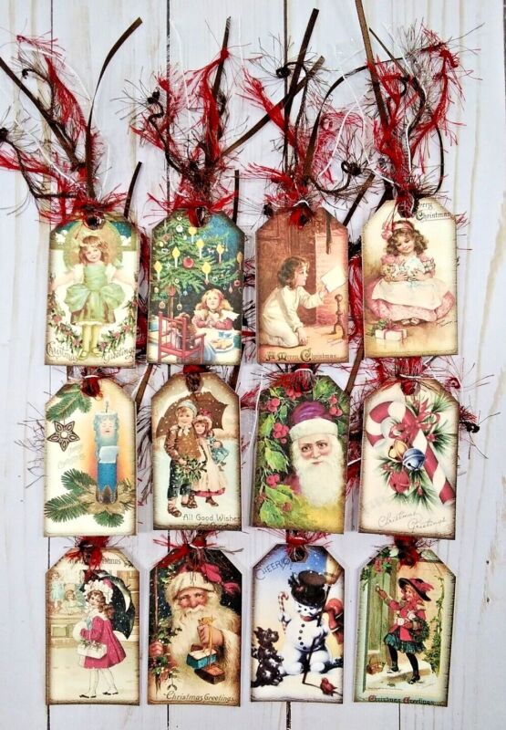 12 Vintage Style Christmas~Handmade~Gift Tags~Scrapbooks~Junk Journals~Crafts