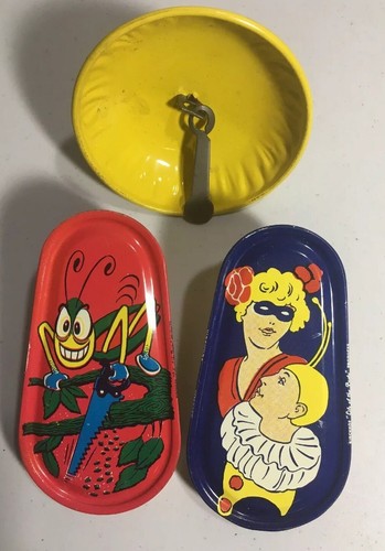 Lot of 3 Vintage Kirchof Noise Makers & Bell Tin Litho Clown Grasshopper