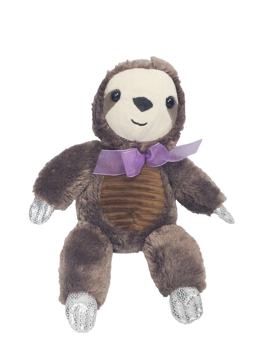 Sloth Stuffed Animal Plush Silver Hands and Feet Purple Bow 15 Inches Brown