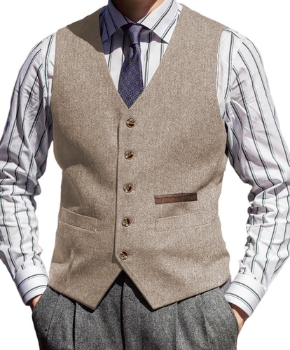 Tweed Vest Mens V-Neck Grooms Waistcoat Wool Waistcoat Herringbone Vintage Retro