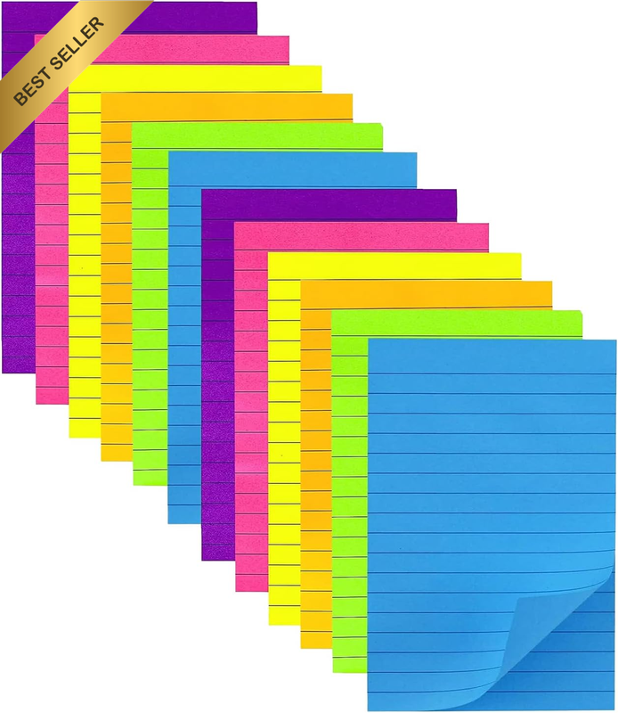 Lined Ruled Sticky Notes 4X6 Inch 12 Pack, Self-Stick Ruled Note Pads with Lines