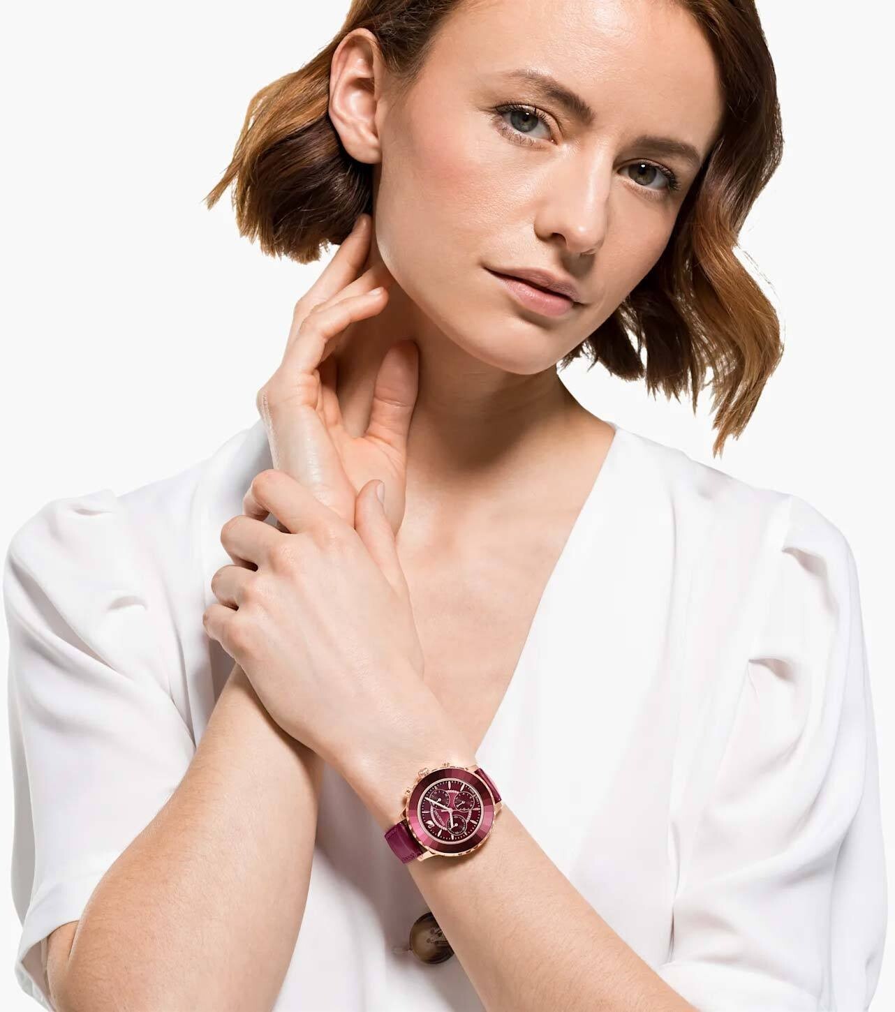 Pre-owned Swarovski 5547642 Octea Lux Red Leather Strap Rose-gold Tone Pvd Chrono Watch