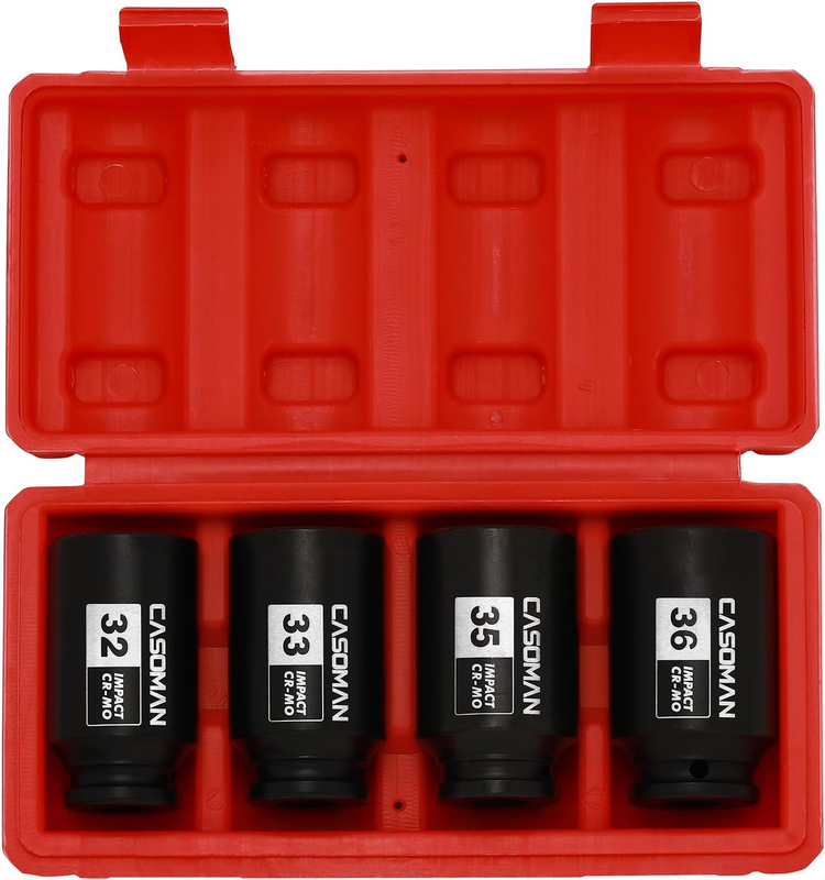 1/2" Drive Deep Spindle Axle Nut Impact Socket Set, 6 Point, CR-MO,32,33,35,36mm