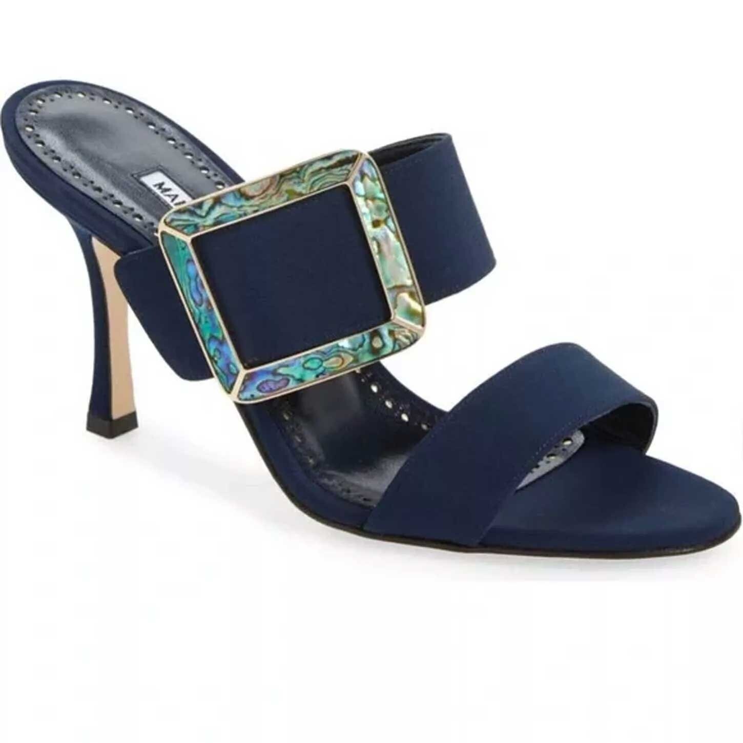 サンダル・ミュール MANOLO BLAHNIK Blue Satin Elhob Sandals SZ 39.5 Manolo Blahnik Sandals Buckle Slides Navy Blue Satin