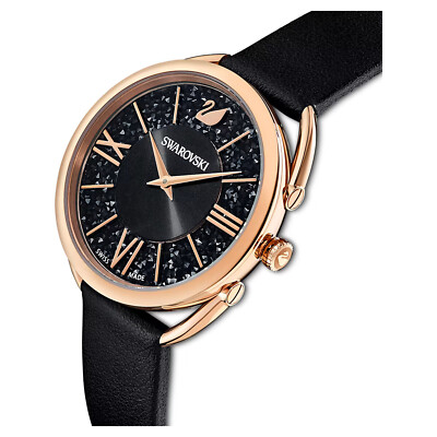 Pre-owned Swarovski Crystalline Glam Watch Leather Strap, Black, Rose Gold-tone -5452452