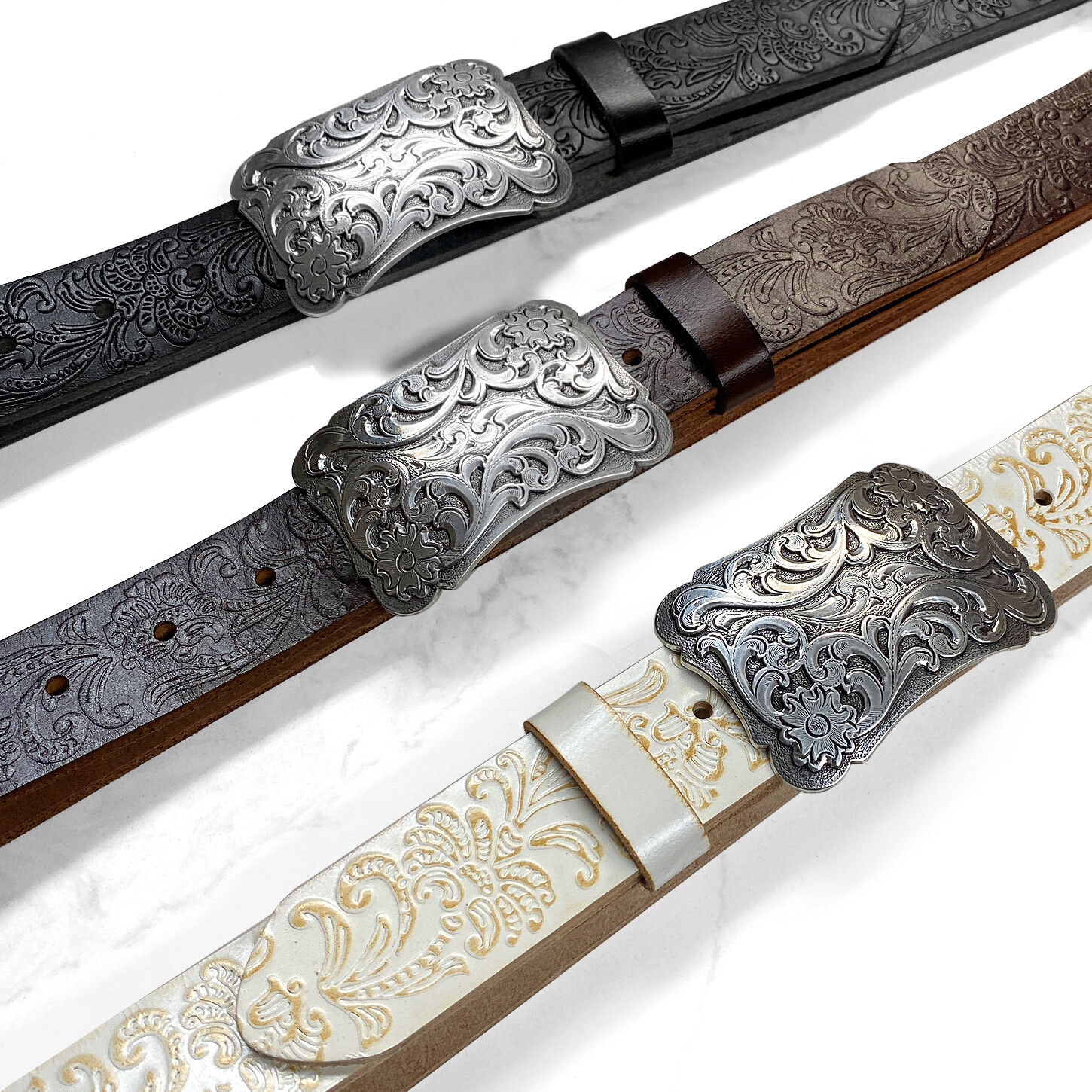 ★ Fallett★ Buckle Flower Man to Man Oatmeal FA2501CR01OT Full Grain Brown Buffalo Leather Belt with Blackened Finish