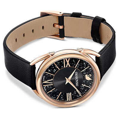 Pre-owned Swarovski Crystalline Glam Watch Leather Strap, Black, Rose Gold-tone -5452452