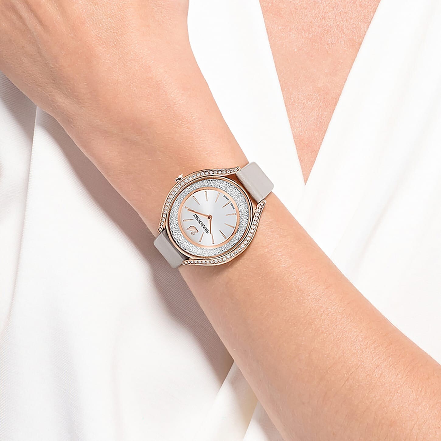 Pre-owned Swarovski Crystalline Aura Watch , Leather Strap, Gray, Rose Gold-tone 5519450