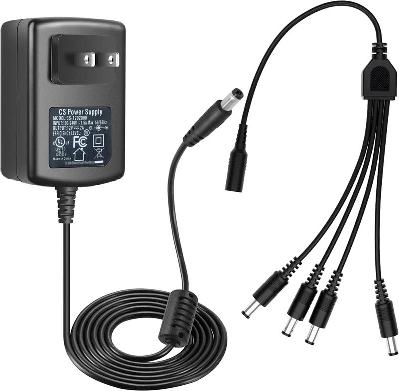 DC 12V 2A Security Camera Power Supply Adapter Combine with 1 to 4 Power Splitte
