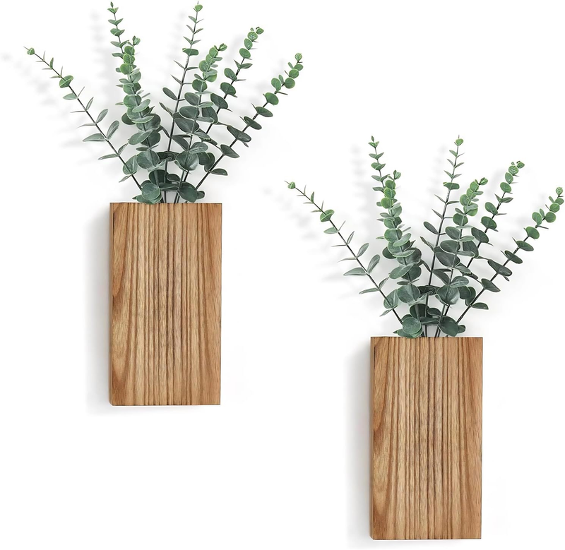 Rustic Wall Planter Set, Paulownia Wood with Artificial Eucalyptus, 2 Pack Farmh
