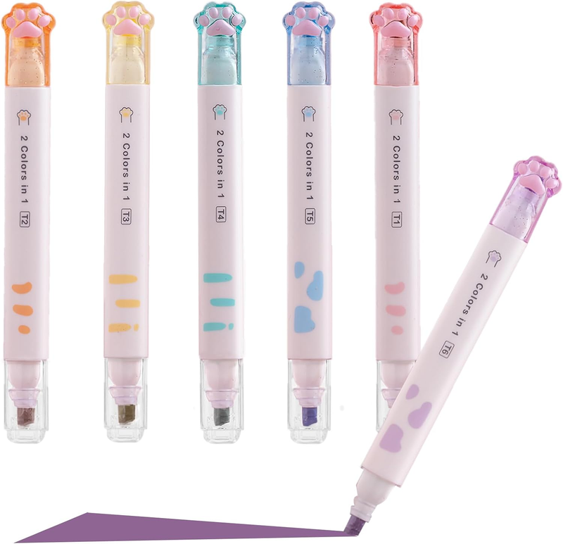 Double-Headed Highlighter Markers, 6Pcs of 12 Flat Heads, Cute Light Color Eye P