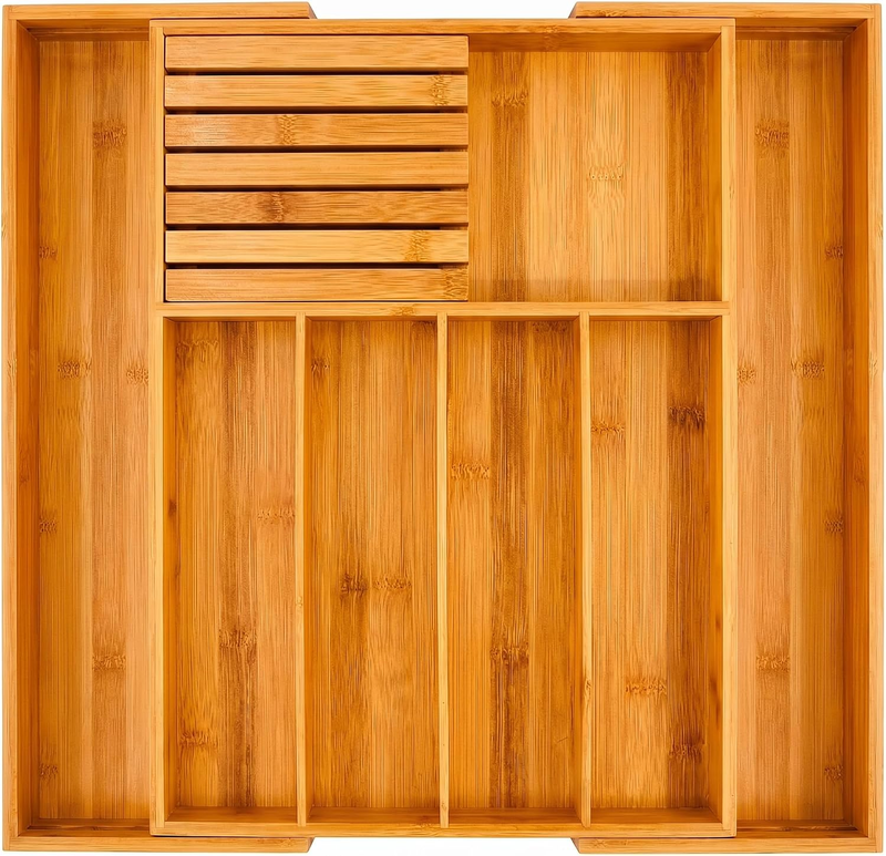 Expandable Bamboo Cutlery Tray, Adjustable Drawer Organizer for Kitchen Utensils