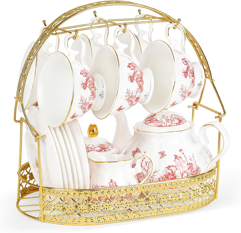 TEA様　おまとめ Elegant Vintage 22-Piece Red Floral Tea Set with Holder for