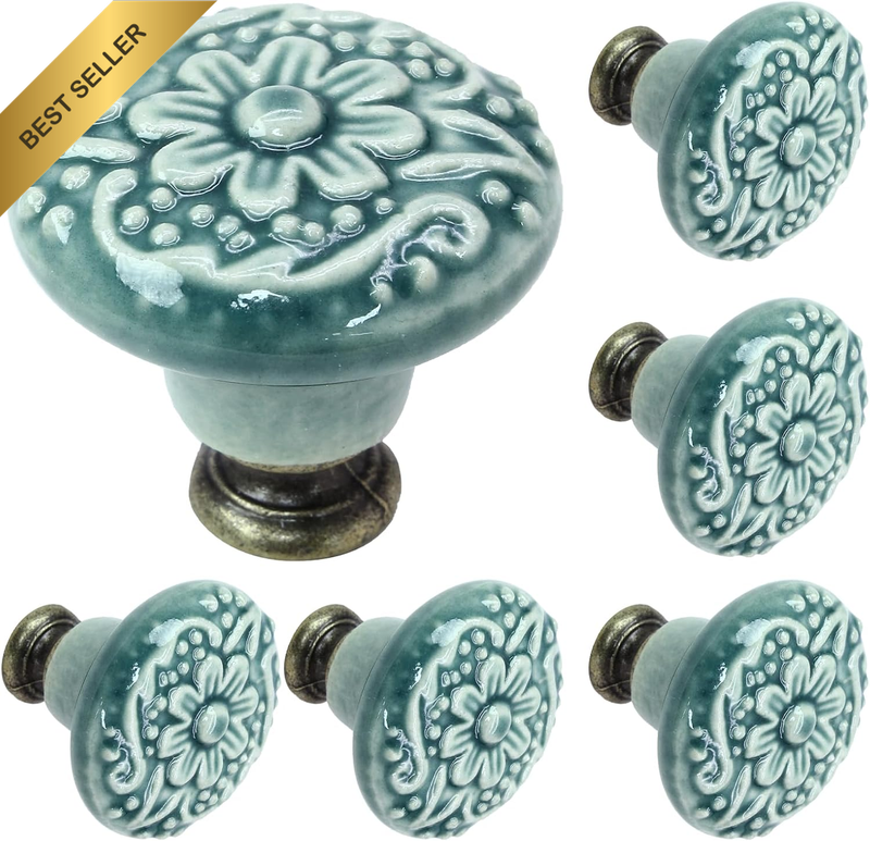 6 Pcs Green Ceramic Kitchen Cabinet Knobs, Retro Dresser Pulls, Vintage round Dr