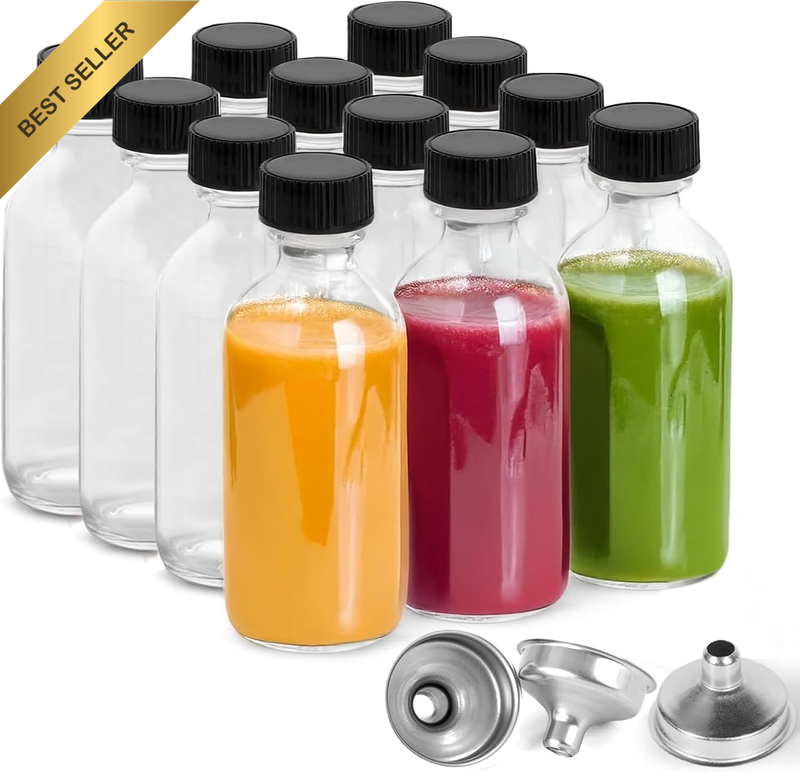 12 Pack 2Oz 60ML Glass Shot Bottles with Caps Funnel for Sauce Whiskey Storage
