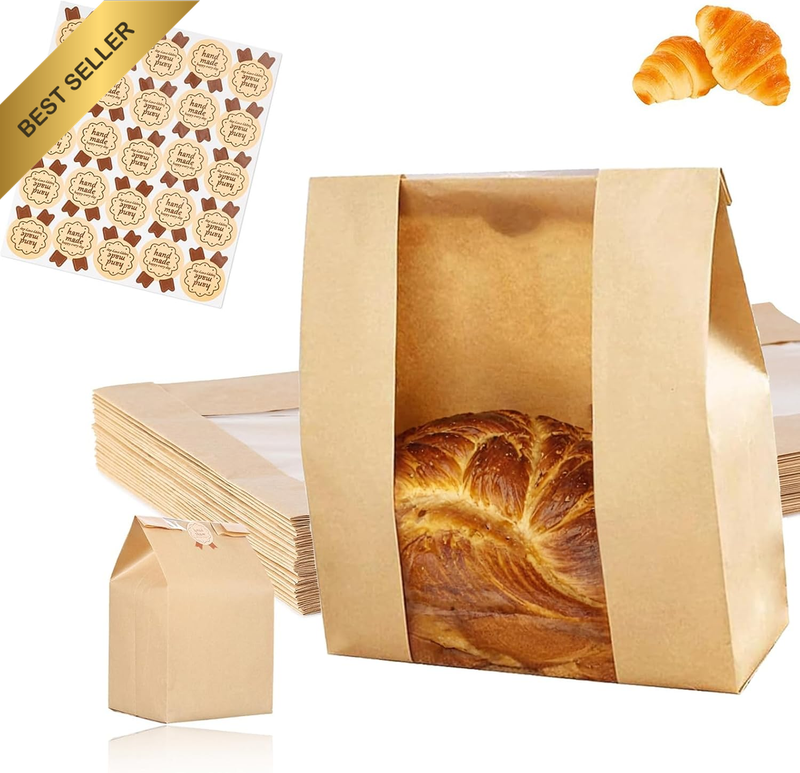 Sourdough Bread Bags 25PCS - Large Bakery Bags with Window & Labels - 12.6X8.3X3