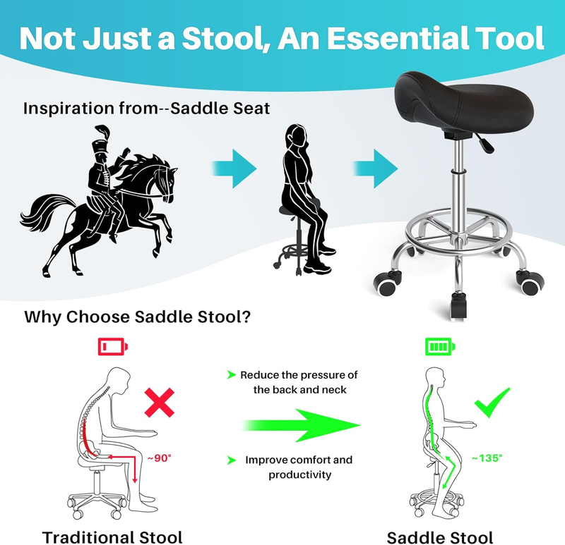 Ergonomic Saddle Stool with Wheels Adjustable - Comfortable Thick Saddle Seat Cu