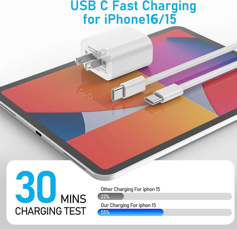iPhone 16 15 Charger Fast Charging, 20W USB C Wall Charger Block with USB C to C