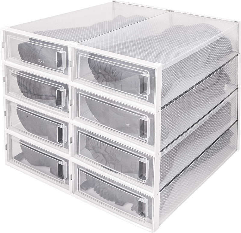 8 Pack Boot Storage Box, Stackable Clear Plastic Boot Shoe Organizer for Tall Boots, Closet, Drop Front Boot Organizer, Large Shoe Container Boot Storage with Lid, 20.5